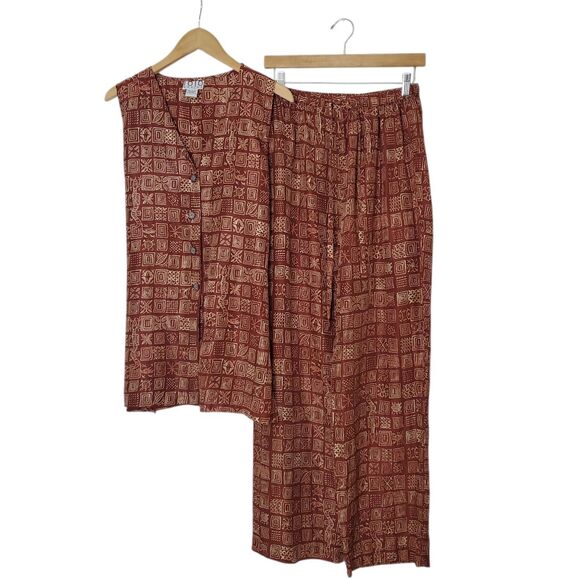 Vtg 1010 Design Silk Tunic Top Vest Pants Set Sz L Batik Print Lagenlook Brown - Picture 1 of 14